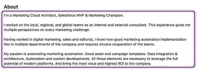 Mateusz' about section on LinkedIn