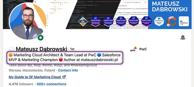 Mateusz' tagline on LinkedIn
